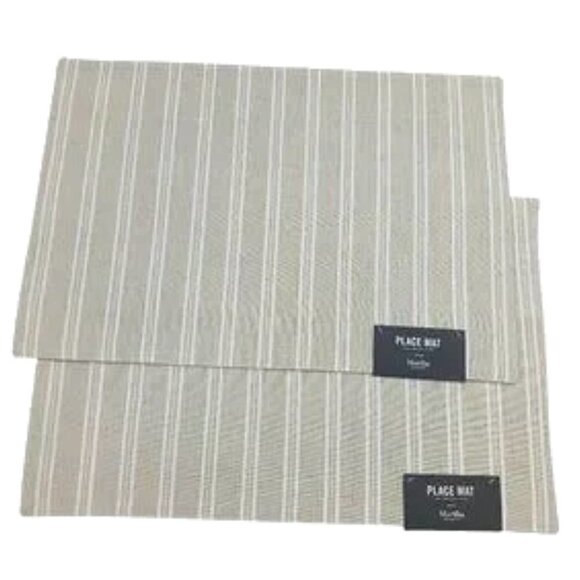 MARTHA Stewart Cotton Place Mats Set of Two Coastal Striped Beige Home Decor - Picture 1 of 6